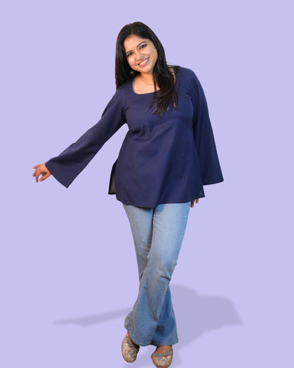 Solid Navy Blue Bell Sleeve Short Kurta