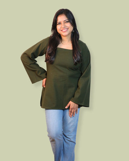 Solid Olive Green Bell Sleeve Short Kurta