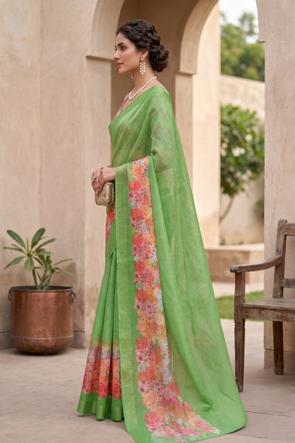 Maavish | Digital Floral Print Poly-Linen Saree Green