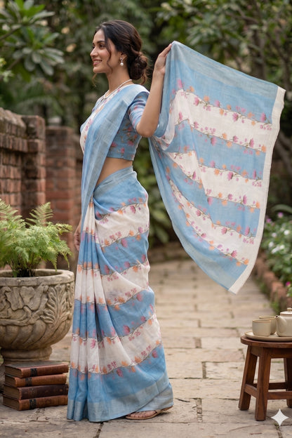 Maavish | Digital Floral Print Poly-Linen Saree Blue