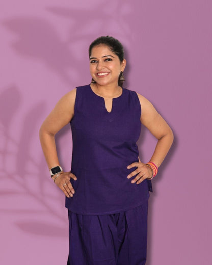 Solid Purple Sleeveless Kurti  Pharsi Pant Set