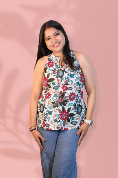 Maavish Women Off-White & Red Floral Printed Halter Neck Top with Tie-Up
