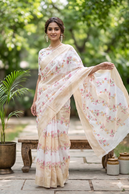 Maavish | Digital Floral Print Poly-Linen Saree White and Beige