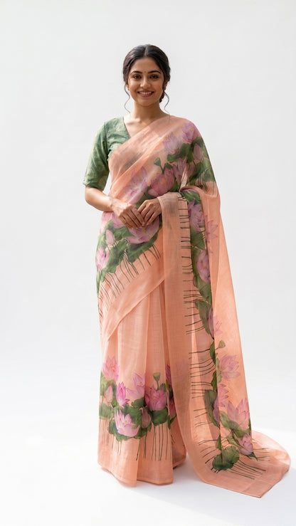 Maavish | Digital Lotus Print Poly-Linen Saree Peach