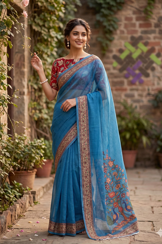Maavish | Regal Peacock Digital Print Poly-Linen Saree Blue