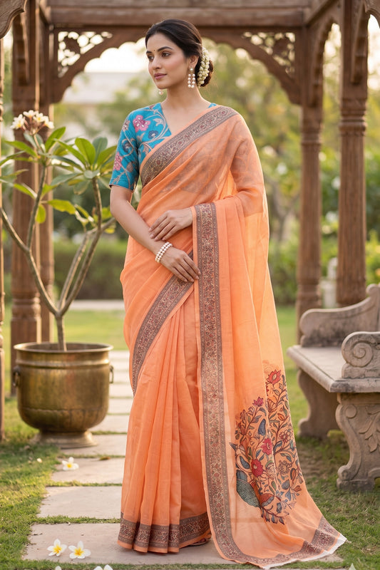 Maavish | Regal Peacock Digital Print Poly-Linen Saree Orange