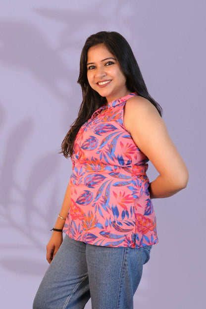 Maavish Women Pink & Blue Floral Printed Halter Neck Top with Tie-Up