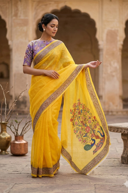 Maavish | Regal Peacock Digital Print Poly-Linen Saree Yellow