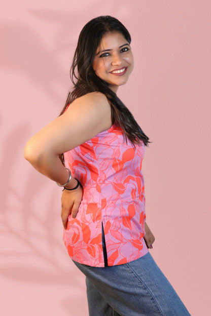 Maavish Women Pink and Orange Floral Printed Halter Neck Top with Tie-Up