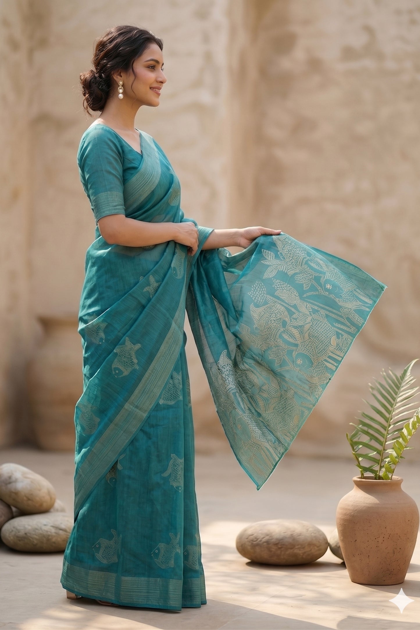 Maavish | Kalamkari-Inspired Digital Fish Print Poly-Linen Saree Green