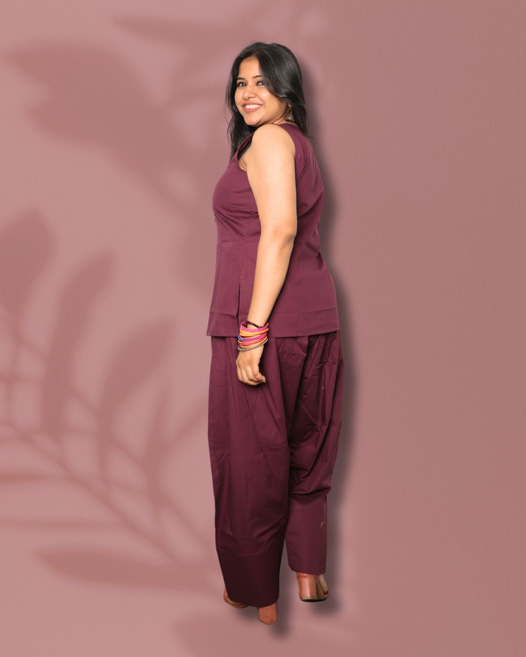 Solid Wine Sleeveless Kurti  Pharsi Pant Set