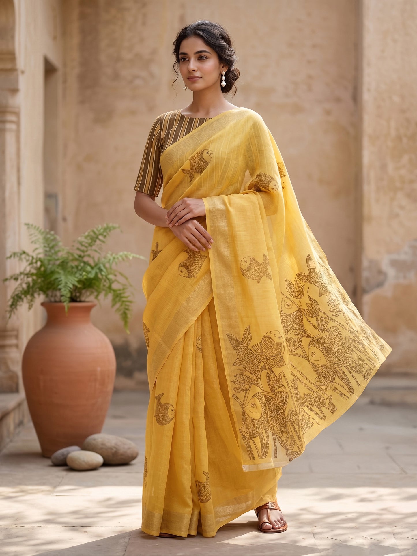 Maavish | Kalamkari-Inspired Digital Fish Print Poly-Linen Saree Yellow