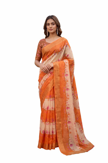 Maavish | Digital Floral Print Poly-Linen Saree Orange