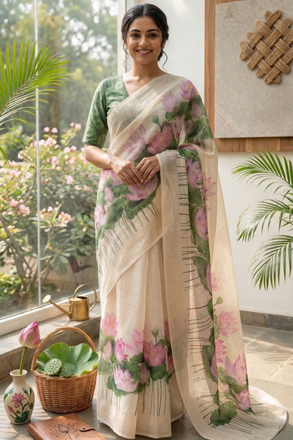 Maavish | Digital Lotus Print Poly-Linen Saree Beige