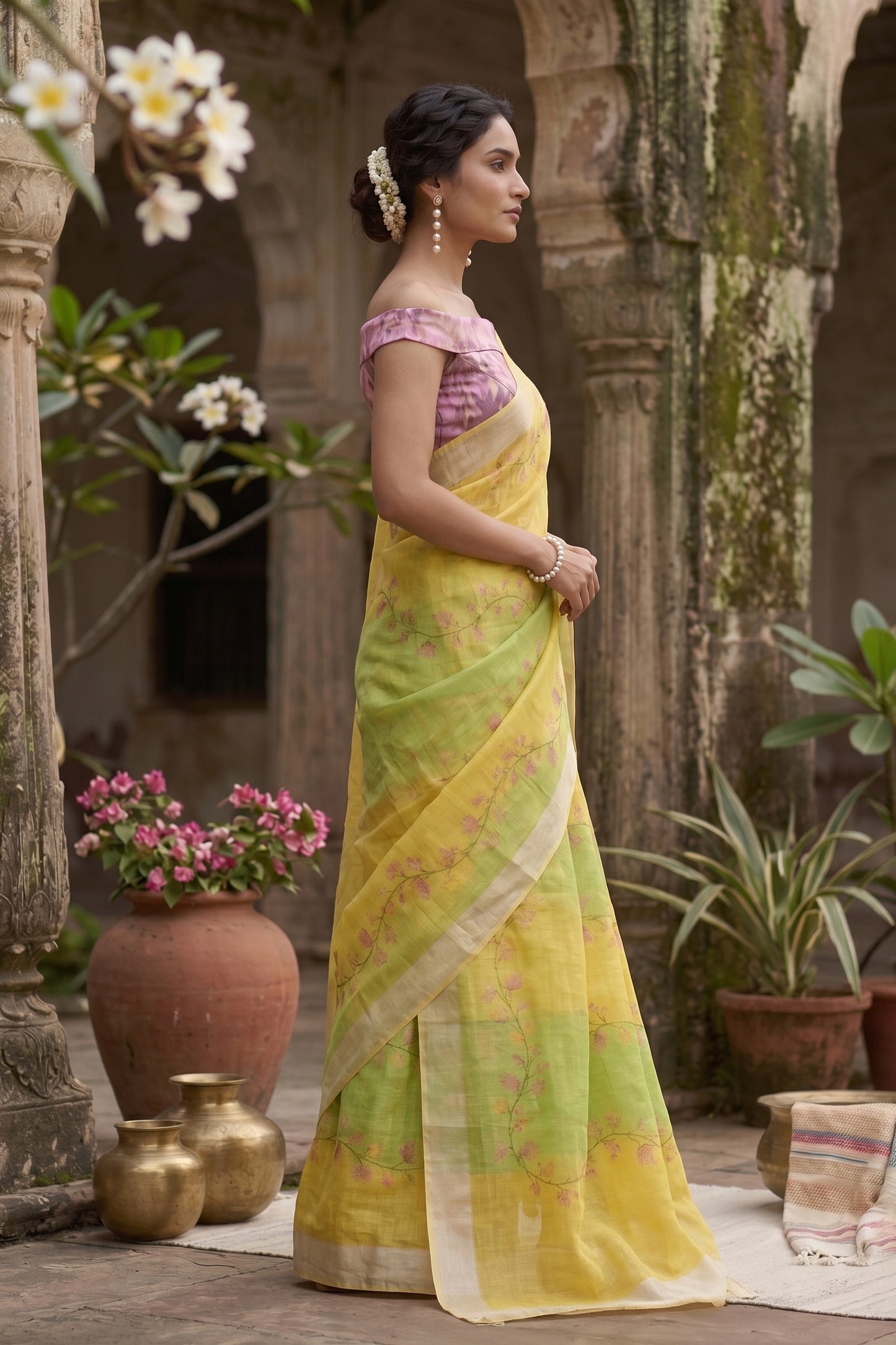 Maavish | Digital Floral Print Poly-Linen Saree Lemon