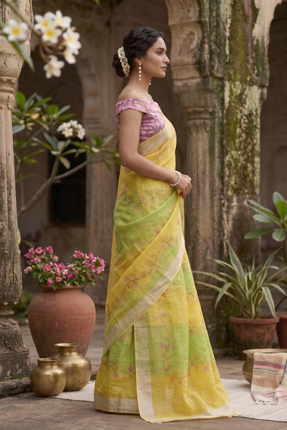 Maavish | Digital Floral Print Poly-Linen Saree Lemon