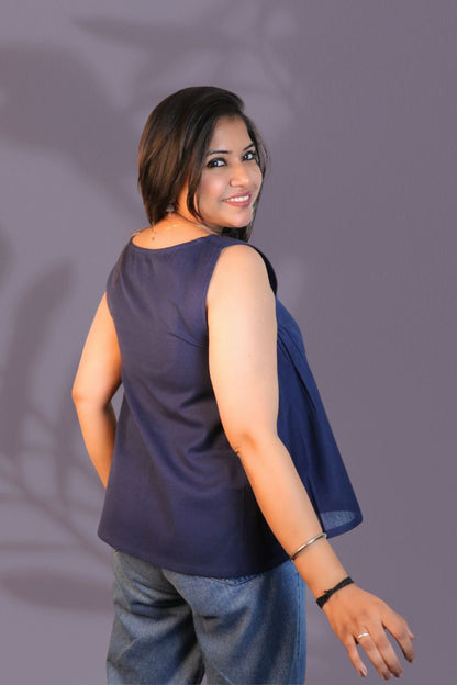 Maavish Blue Sleeveless Top with Side Smocking & Flared Hem