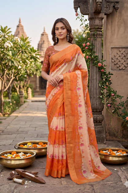 Maavish | Digital Floral Print Poly-Linen Saree Orange