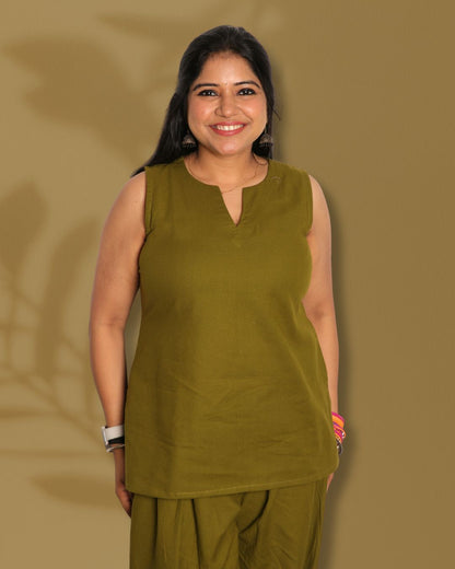 Solid Olive Green Sleeveless Pharsi Pant Kurti Set