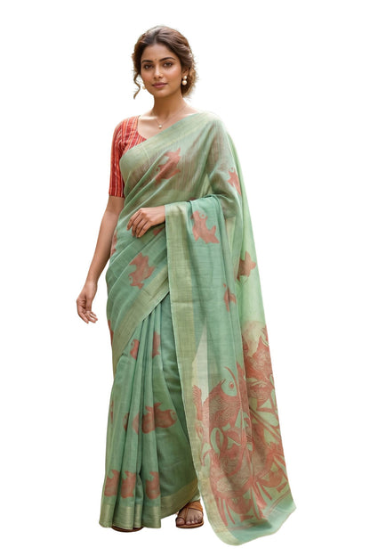 Maavish | Kalamkari-Inspired Digital Fish Print Poly-Linen Saree Green and Red
