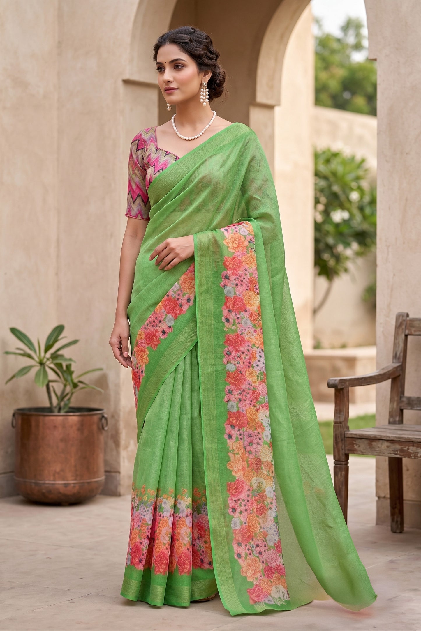 Maavish | Digital Floral Print Poly-Linen Saree Green