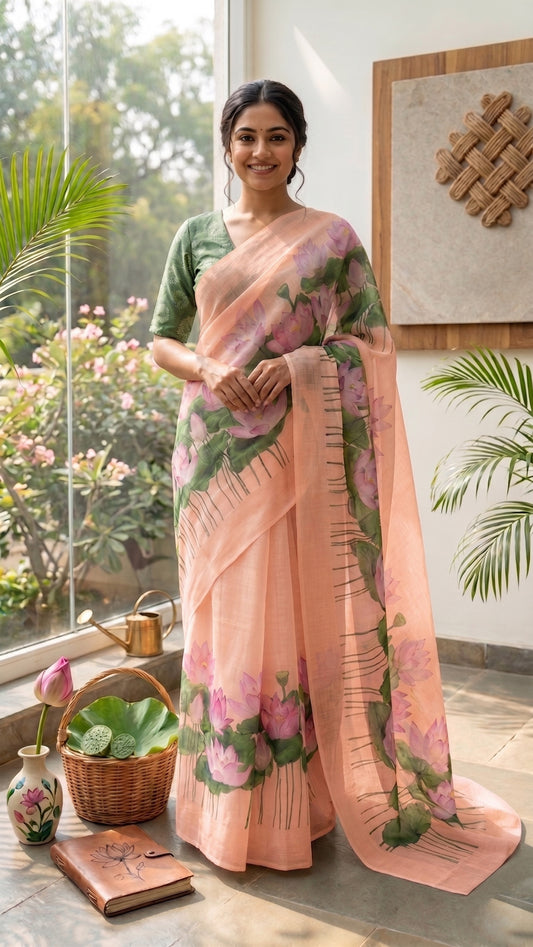 Maavish | Digital Lotus Print Poly-Linen Saree Peach