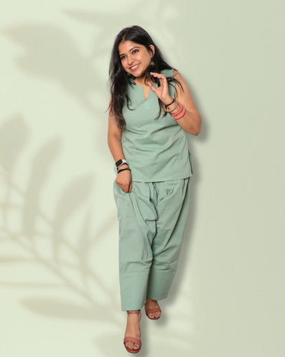 Solid Matt Green Sleeveless Pharsi Pant Kurti Set