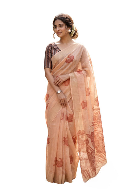 Maavish | Kalamkari-Inspired Digital Fish Print Poly-Linen Saree Red