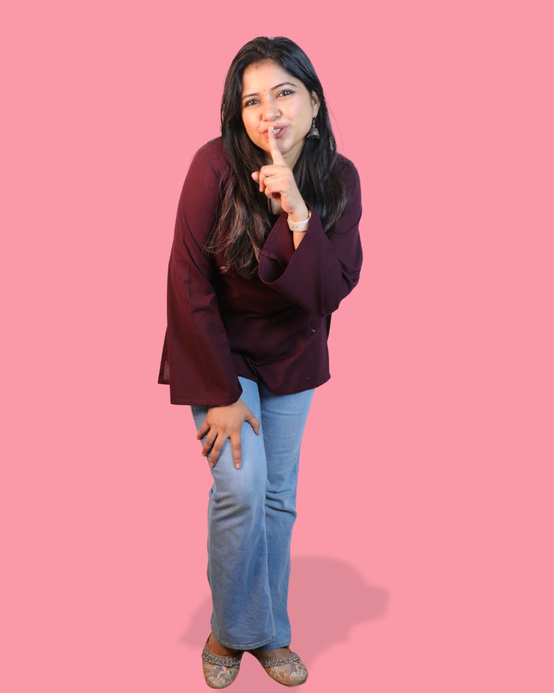 Solid Wine Bell Sleeve Short Kurta