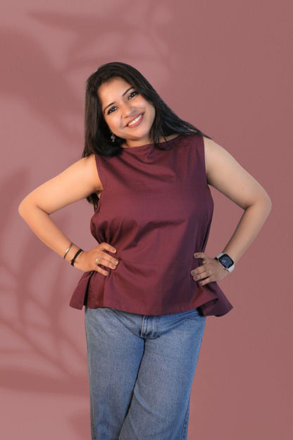 Maavish Wine Color Sleeveless Top with Side Smocking & Flared Hem Top