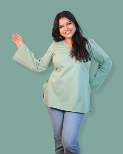 Solid Matt Green Bell Sleeve Short Kurta