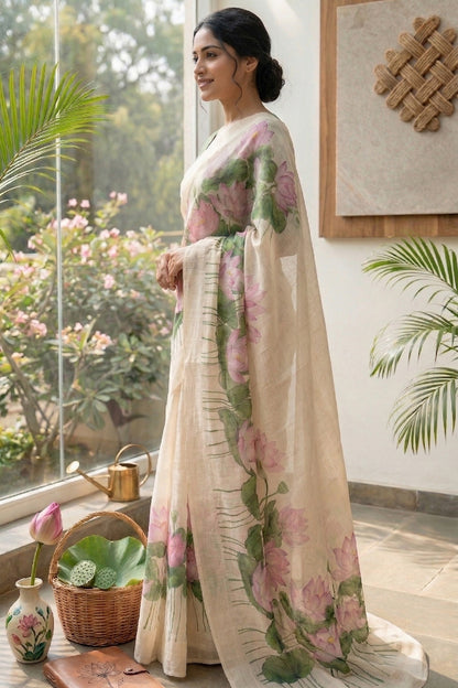 Maavish | Digital Lotus Print Poly-Linen Saree Beige