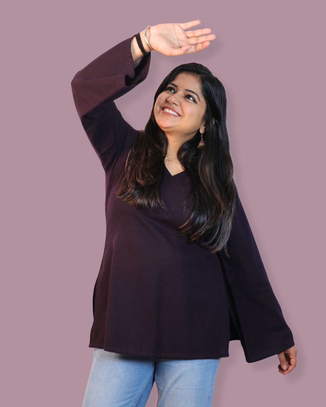 Solid Dark Purple Bell Sleeve Short Kurta