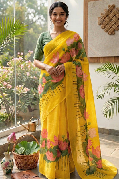 Maavish | Digital Lotus Print Poly-Linen Saree Yellow