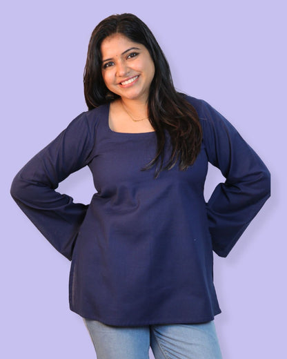 Solid Navy Blue Bell Sleeve Short Kurta