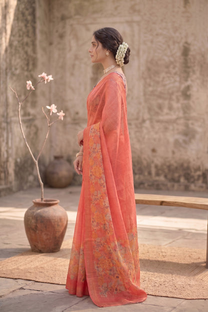 Maavish | Digital Floral Print Poly-Linen Saree Red