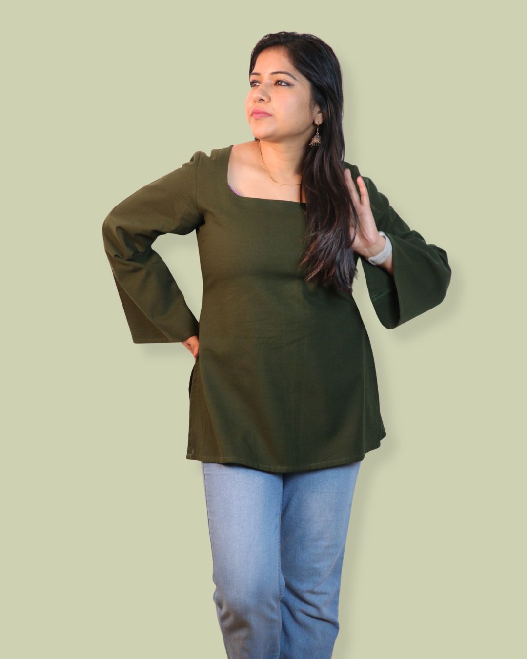 Solid Dark Green Bell Sleeve Short Kurta