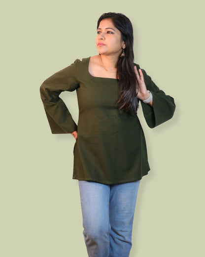 Solid Dark Green Bell Sleeve Short Kurta
