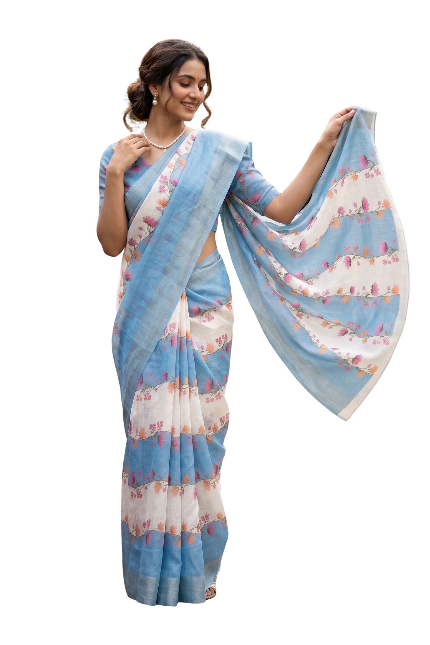 Maavish | Digital Floral Print Poly-Linen Saree Blue
