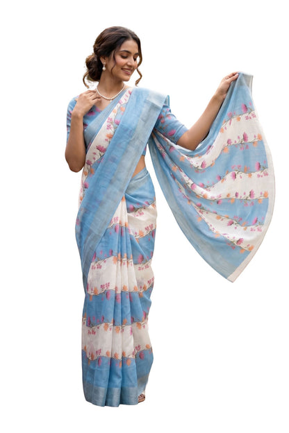 Maavish | Digital Floral Print Poly-Linen Saree Blue