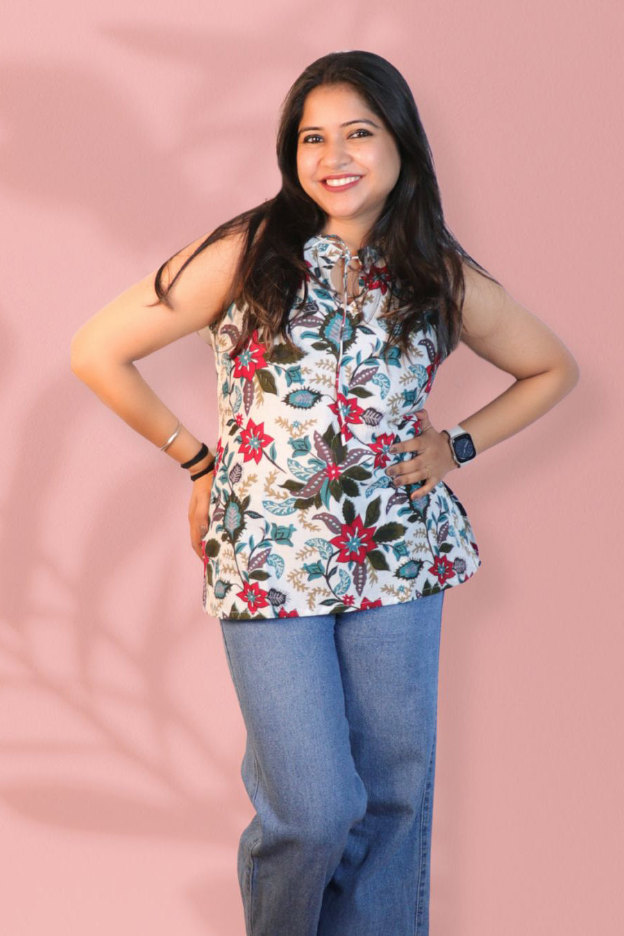 Maavish Women Off-White & Red Floral Printed Halter Neck Top with Tie-Up