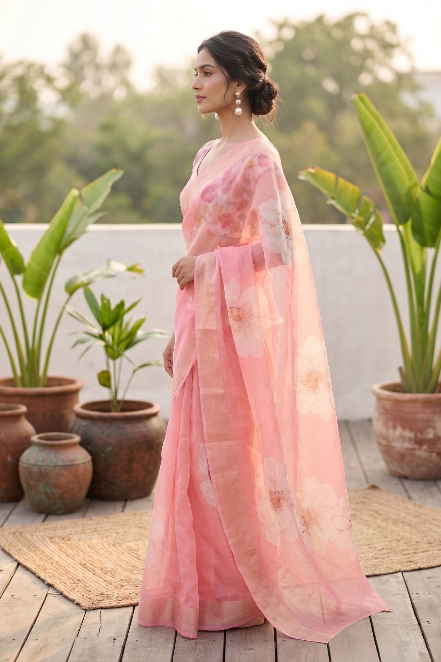 Maavish | Digital Floral Print Poly-Linen Saree Pink