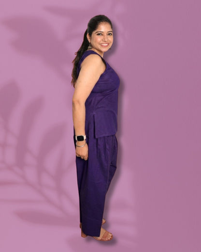 Solid Purple Sleeveless Kurti  Pharsi Pant Set