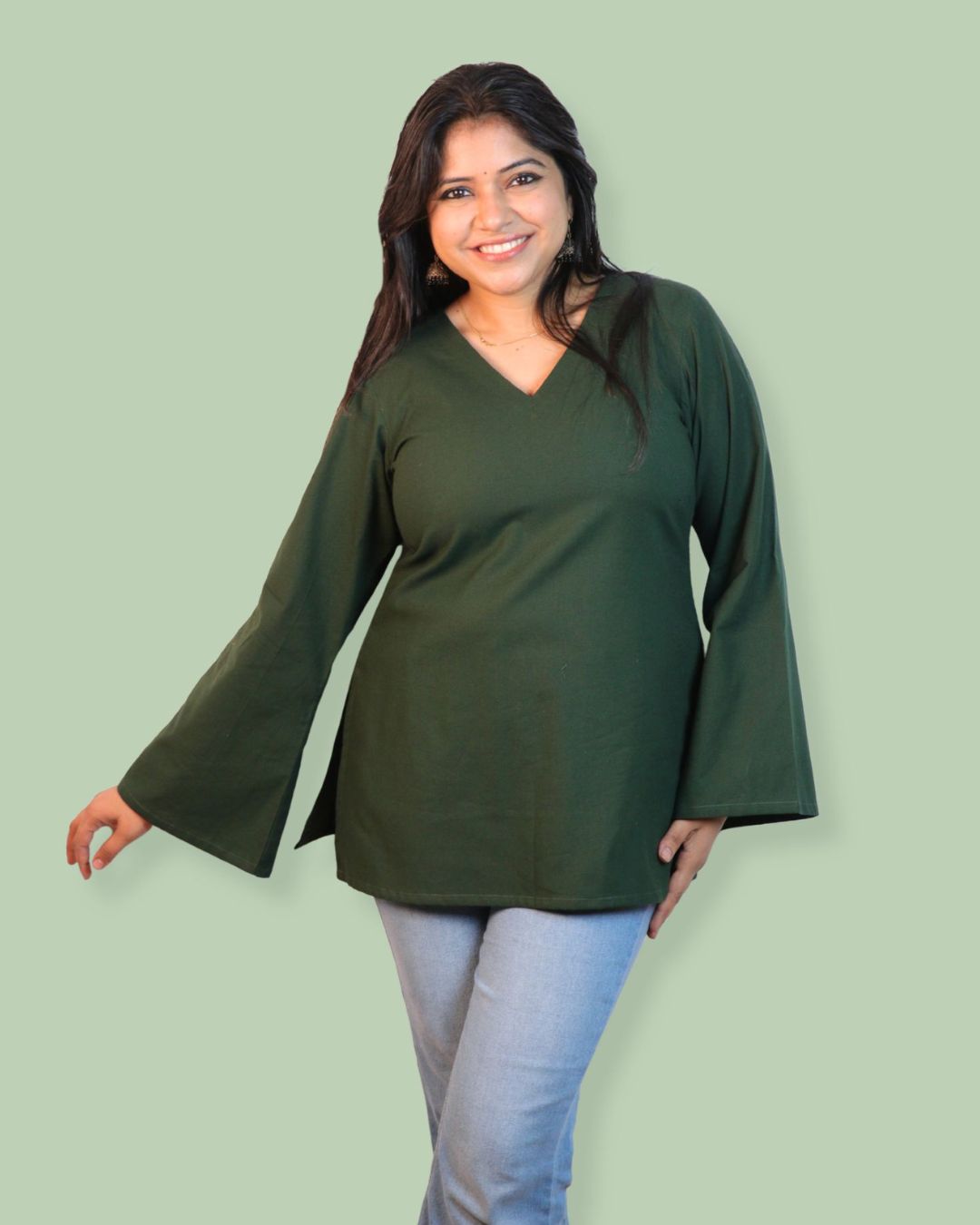 Solid Teal Green Bell Sleeve Short Kurta