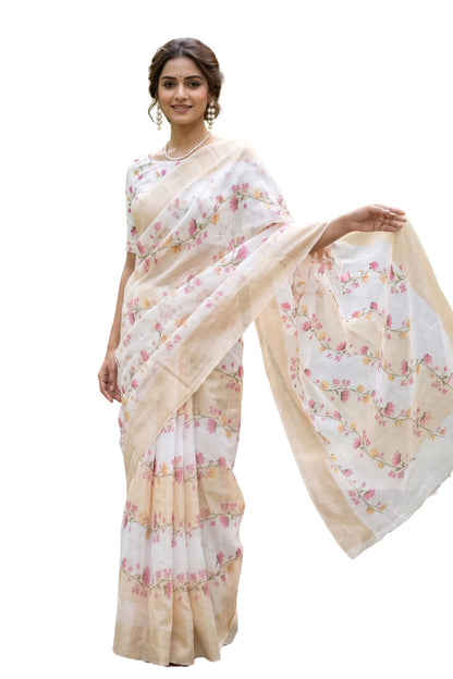 Maavish | Digital Floral Print Poly-Linen Saree White and Beige