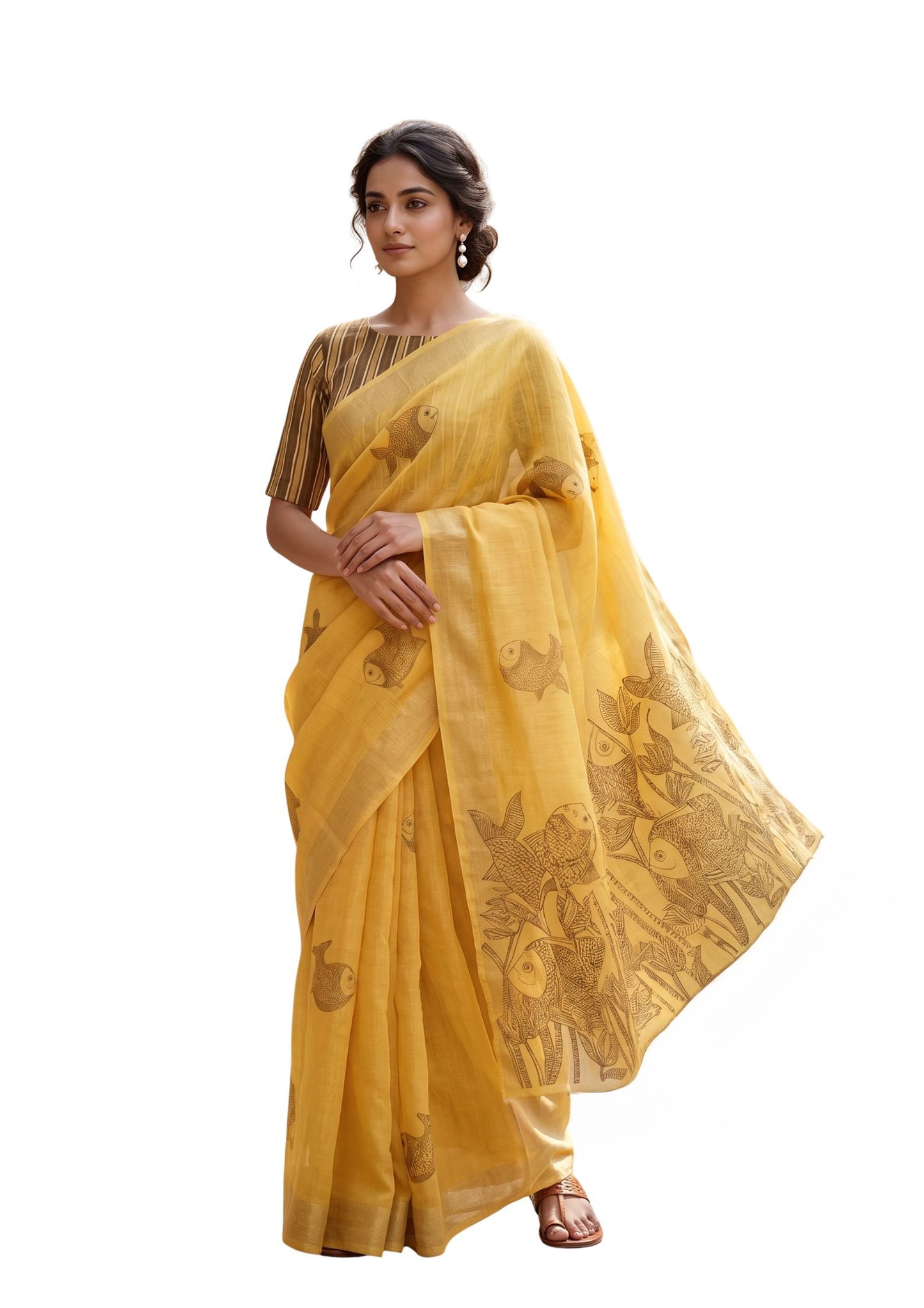 Maavish | Kalamkari-Inspired Digital Fish Print Poly-Linen Saree Yellow
