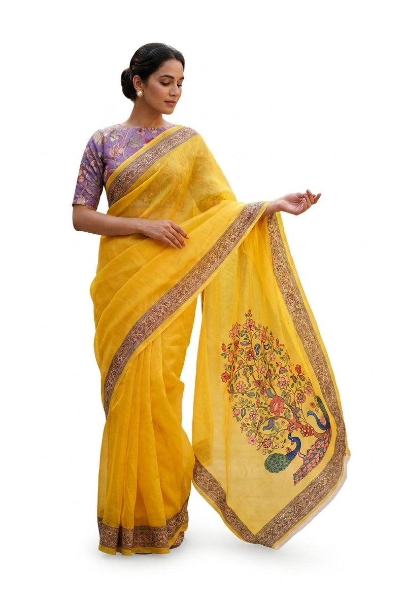 Maavish | Regal Peacock Digital Print Poly-Linen Saree Yellow