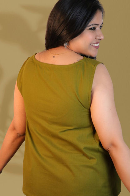 Maavish Olive Green Sleeveless Top with Side Smocking & Flared Hem