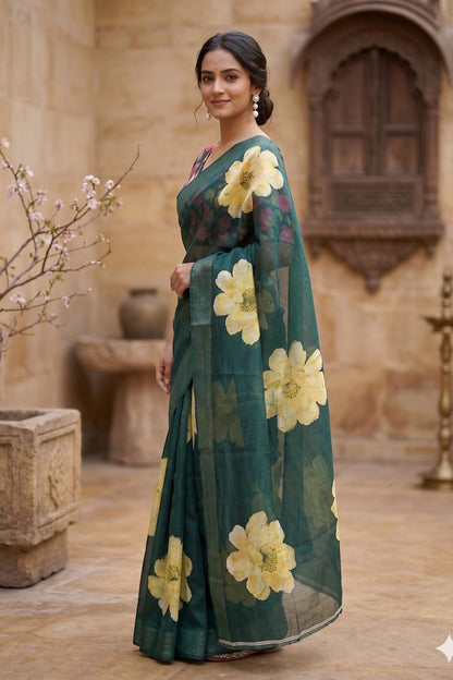 Maavish | Digital Floral Print Poly-Linen Saree Green