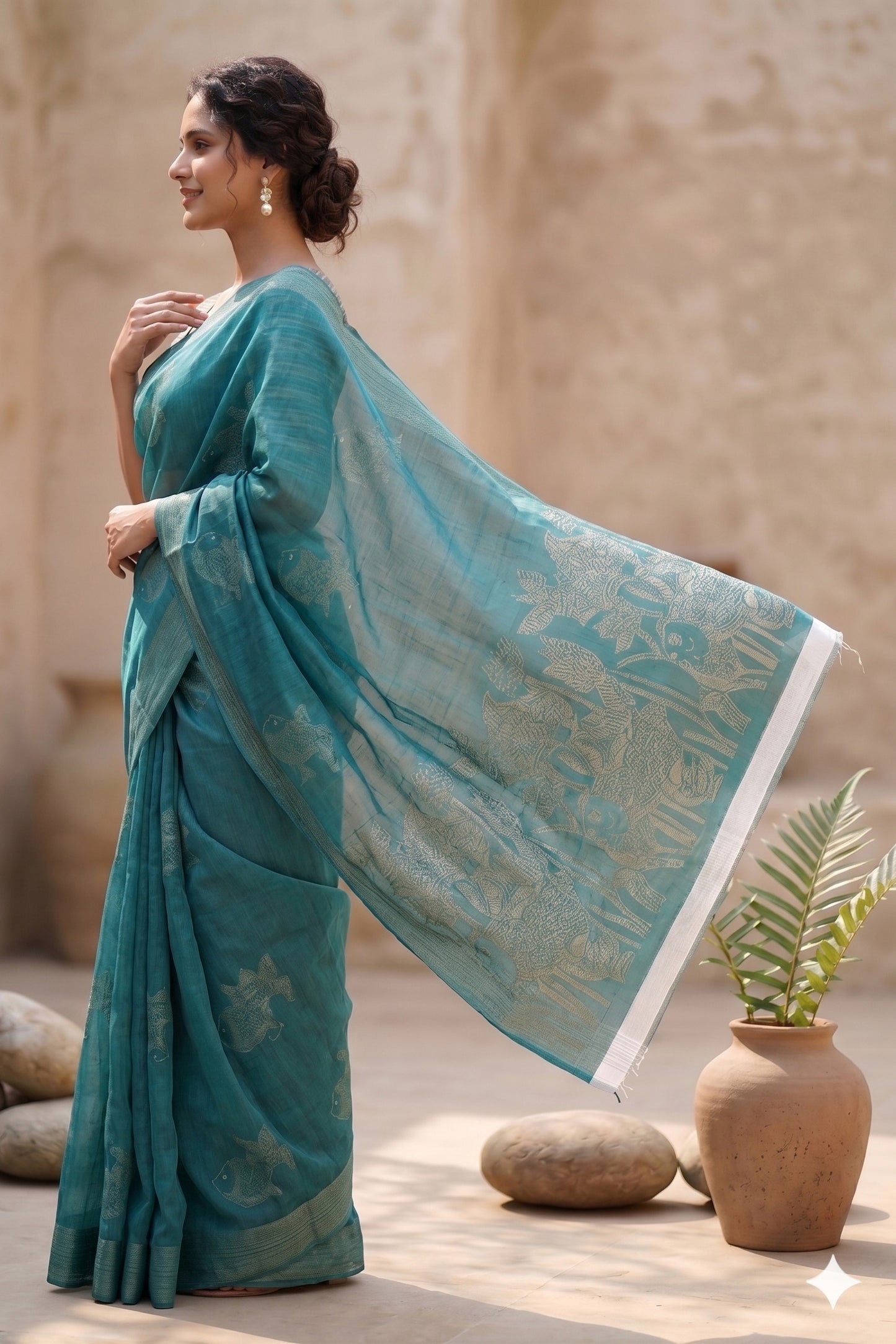 Maavish | Kalamkari-Inspired Digital Fish Print Poly-Linen Saree Green